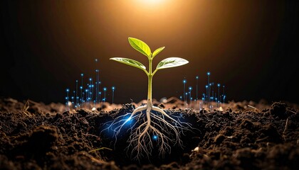 Sprout emerging from soil with glowing roots and digital network lights