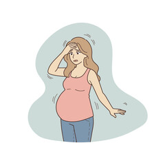 Pregnant woman feeling dizzy holding her head maternity health risk vector illustration