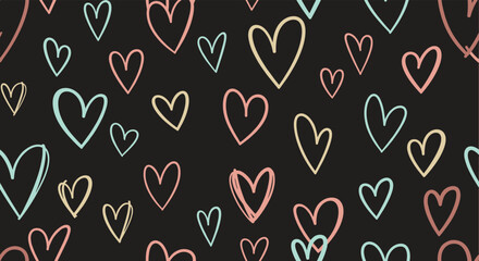 A playful pattern of hand-drawn hearts in pastel colors on a dark background.