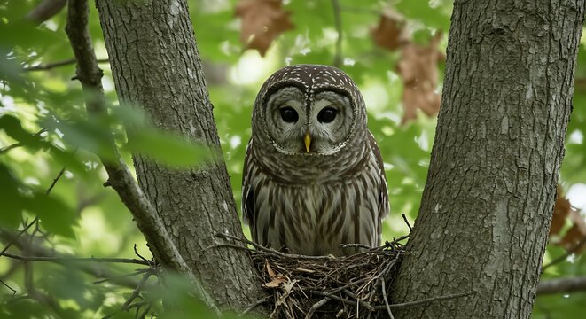 Barred owl perched in a nest within a tree provides a captivating wildlife portrait