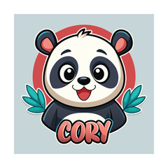 Cute cartoon panda with leaves and red circle logo