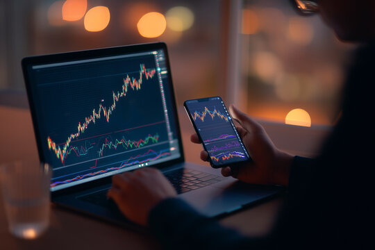 Financial analyst reviews stock market trends, comparing graphs on laptop and smartphone screens, illuminated by ambient city lights.