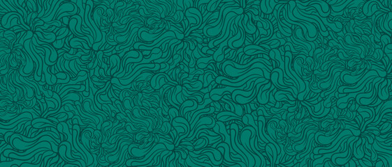 green floral pattern with abstract hand-drawn waves. Vector illustration