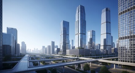 Vast Modern Cityscape with Soaring Skyscrapers and Complex Highway Interchanges