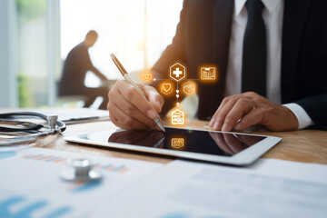 Healthcare professional using a tablet for medical records and data analysis, surrounded by medical tools in a well-lit office.