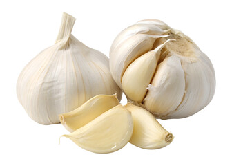 Fresh garlic bulbs and separated cloves are perfectly arranged, isolated on a transparent background, ideal for any design as a clean png image.