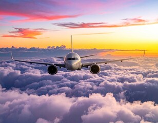 Airplane Flying Above White Clouds During Sunset with Pink Hues and Golden Light in Sky and Fluffy Puffy Cloudscape at Dusk for Commercial Airline