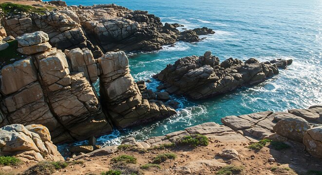 Coastal rocky landscape with ocean waves and cliffs on a sunny day - Powered by Adobe