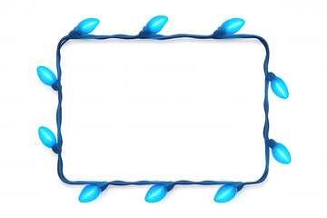 Blue christmas string lights forming square frame with glowing bulbs, transparent background