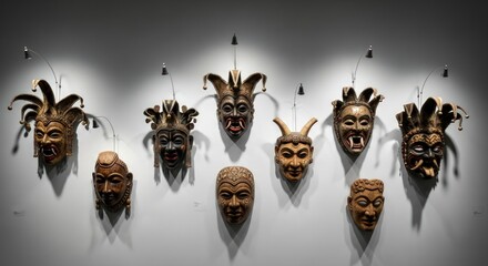 A collection of intricately designed handcraft tribal masks displayed on a wall with