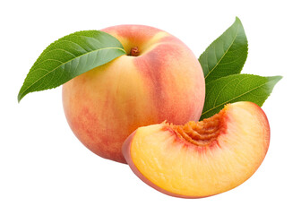 Ripe whole peach fruit with fresh green leaves and a juicy bitten slice, isolated transparent png.