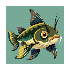 Green Catfish with Whiskers on Teal Background Keywords: fish, aquatic, marine, underwater