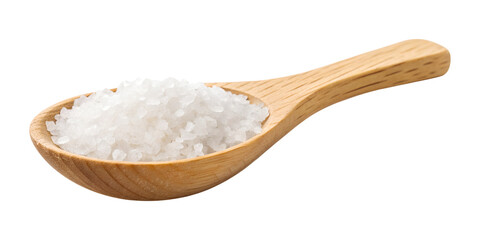 A small wooden spoon is completely full of white rock salt crystals, ideal for seasoning, isolated on a transparent PNG background.