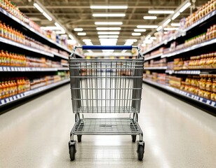 An empty shopping cart among the aisles of a grocery store.