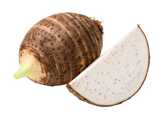 A whole taro root is shown next to a cut slice with purple spots, on a transparent background, isolated png.