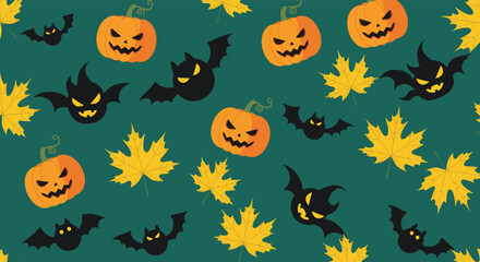 A festive pattern of carved pumpkins and stylized bats fills the screen with autumnal leaves.