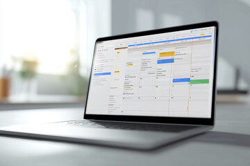 Open laptop showing calendar application. Scheduling software on screen offers planning and time management tools to users.