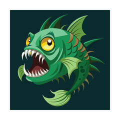 Green piranha with sharp teeth and yellow eyes fish