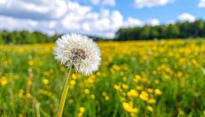 Obraz premium Close-up dandelion in a field of yellow wildflowers