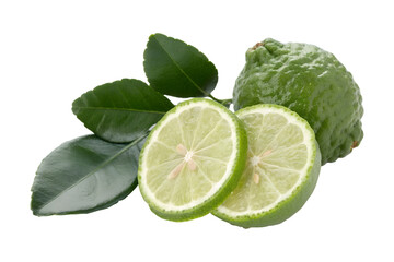 Fresh whole Kaffir lime fruit and two bright green slices sit with vibrant leaves, transparent png isolated.