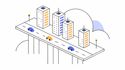 Obraz premium Isometric view of city buildings with cars on a bridge and clouds in the background in line art on transparent background silhouette
