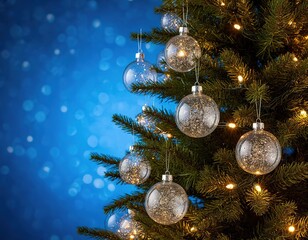 Christmas tree with transparent glass balls and lights on a blue background.