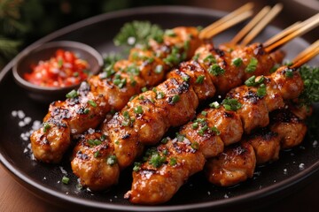 Chicken skewers with chili sauce.