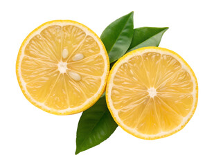 Fresh yellow lemon halves are perfectly cut, revealing juicy pulp, seeds, and vibrant green leaves. Transparent isolated png.