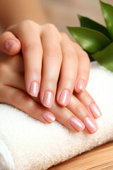 Naklejka premium Elegant hands with manicured nails rest on a soft towel, showcasing beauty and self-care. A touch of greenery adds freshness.