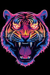 Vivid digital illustration of a roaring tiger's head with colorful neon effects against a black background