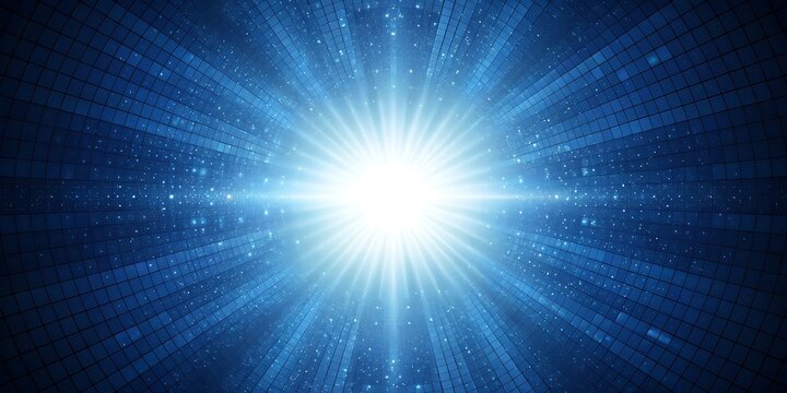 Brilliant blue starburst explodes with radiant light and cosmic dust against a deep space background