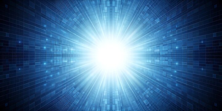 Vibrant blue light bursts from a central point radiating outwards through a textured digital grid creating a sense of energy and depth
