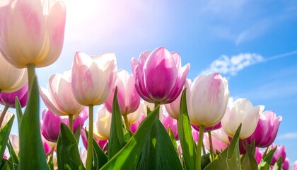 Naklejka premium Blooming tulips under a vibrant sky