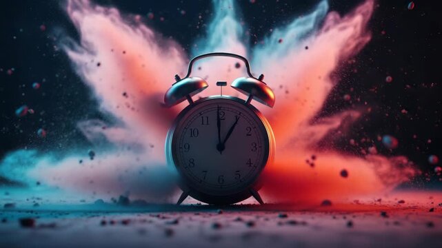 A classic alarm clock amidst a vibrant, exploding cloud of red and blue powder