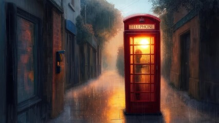 Iconic Red British Telephone Box Illuminated at Dusk on a Cobblestone Street.