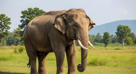 Obraz premium The majestic presence of a large tusked bull elephant in a vibrant Asian grassland