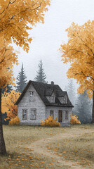 Fototapeta premium Discover the Tranquility of a Cozy Autumn House Nestled Among Vibrant Trees in This Serene Rural Landscape
