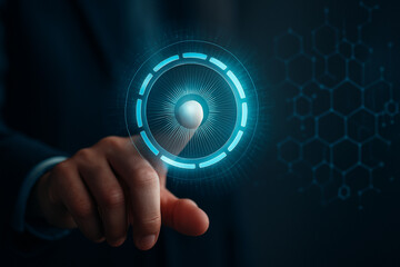 AI generated digital interface image showing a human finger touching a glowing virtual control circle symbolizing technology innovation data network future interaction in futuristic cyber environment