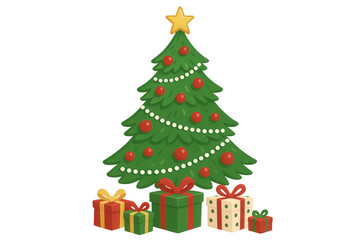Christmas tree with star, ornaments, and string lights, surrounded by gift boxes, celebrating winter holidays