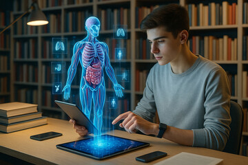 AI generated futuristic education scene showing student studying human anatomy hologram with digital interface in library symbolizing smart learning medical innovation and interactive technology