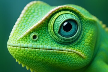 Close-up of vibrant green chameleon head with detailed scales and large eye against soft teal background, showcasing nature observation concept. Ai generative