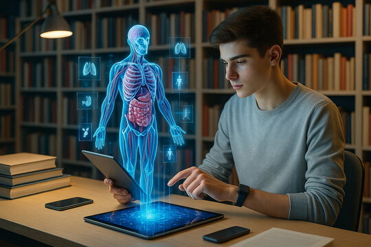 AI generated futuristic education scene showing student studying human anatomy hologram with digital interface in library symbolizing smart learning medical innovation and interactive technology