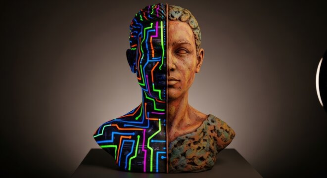 A striking bust of a human head, split down the middle, with one half adorned with vibrant, glowing circuit board patterns and the other half appearing weathered and textured.