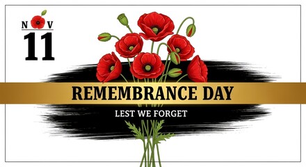 Commemorate Remembrance Day with a vibrant poppy bouquet illustration, symbolizing honor, sacrifice, and lasting peace on the eleventh of November, lest we forget
