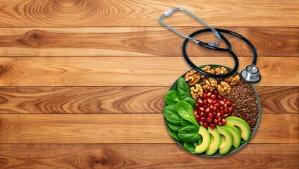 Naklejka premium Heart Health Concept with Nutritious Food and Stethoscope with Copy Space