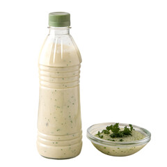 Plastic squeeze bottle filled with salad dressing, transparent body, and clear nozzle