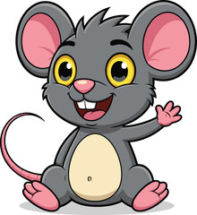 Cartoon mouse character, cute animal drawing, big eyes, waving pose, pink tail, sitting position, children’s illustration, white background, vector art