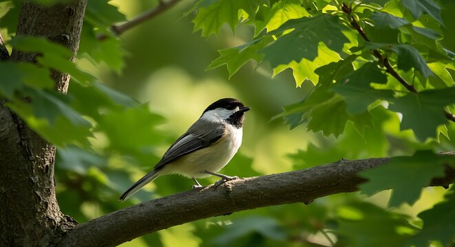 Captivating close-up of a Black-capped Chickadee perched gracefully on a tree branch amidst lush