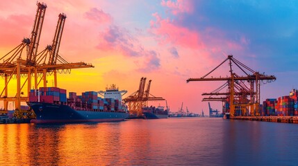 Fototapeta premium Wide cinematic dusk shot of cargo ships at port implementing IMO Push Green Shipping standards with eco lighting. 
