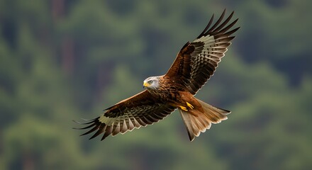 Majestic bird of prey soaring with widespread wings against a blurred background